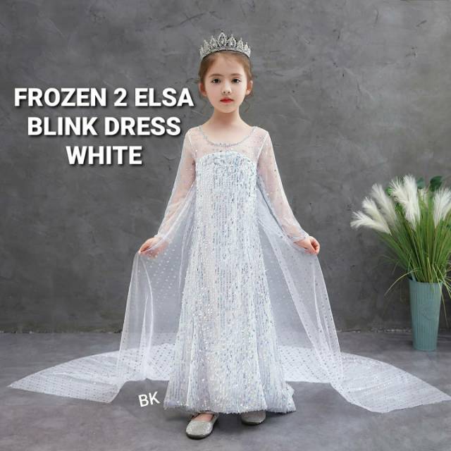 DRESS FROZEN 2 ELSA LENGAN PANJANG BLINK SEQUIN PUTIH / GAUN PRINCESS ANAK / DRES PESTA / LONG DRESS