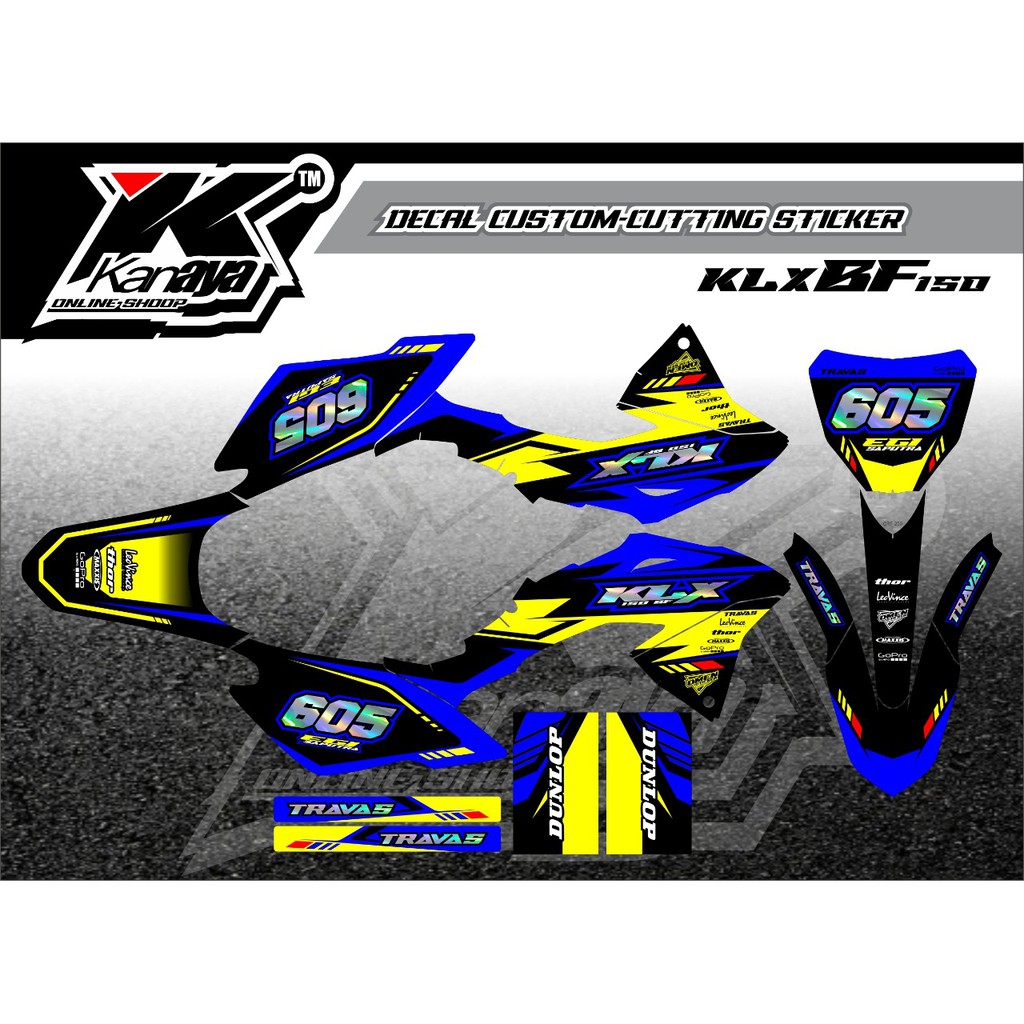 Decal klx bf 150 warna kuning biru hitam dengan combinasi bahan hologram