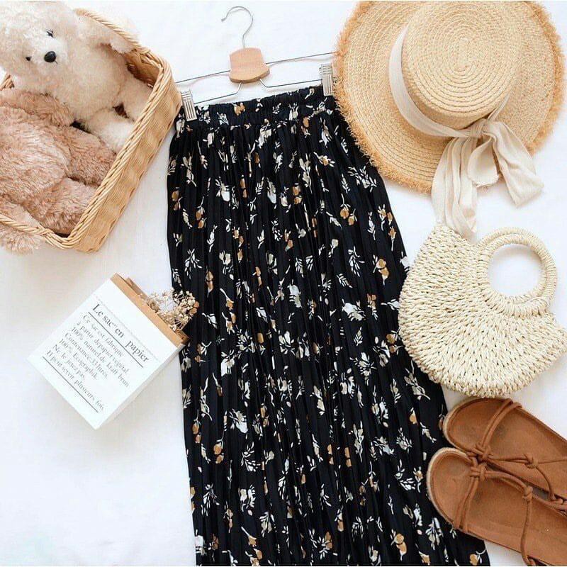 GS-ROK PLISKET DAISY PREMIUM / LILY DAILY PREMIUM /ROK PLISKET PANJANG/ROK PLISKET MOTIF BUNGA-ROK  DAILY HITAM