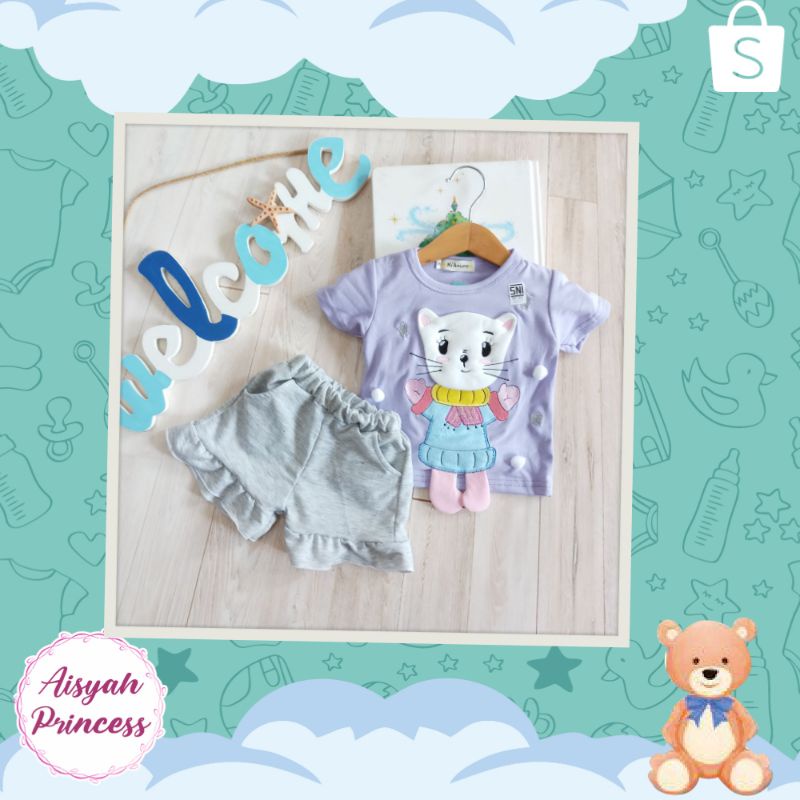 Setelan Baju Anak Perempuan Ruffle Mi Amore Cat dan Snow