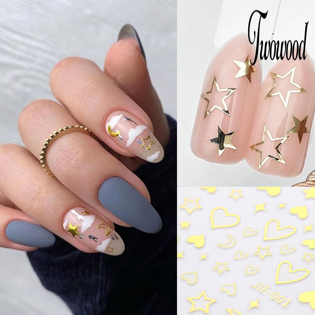 Twowood Stiker Kuku Motif Hati / Bintang / Bulan Untuk Dekorasi Nail Art / Manicure