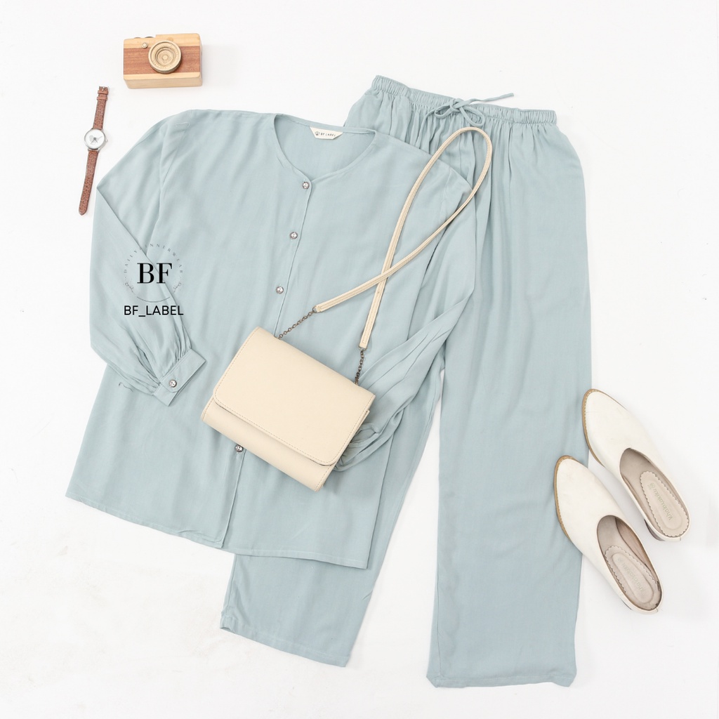 NARA SET | One set rayon polos basic celana panjang kemeja panjang sleepwear piyama by @bf_label BF Label-Sky