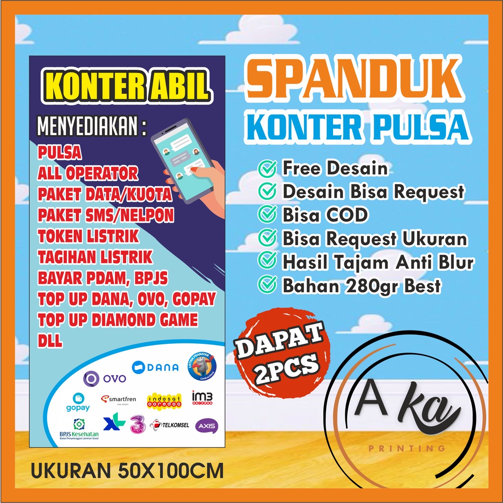 FREE DESAIN UKURAN 50X100 DAPAT 2PCS SPANDUK PULSA/BANNER KONTER/SPANDUK 1 HARI JADI/CONTER/BISA REQ
