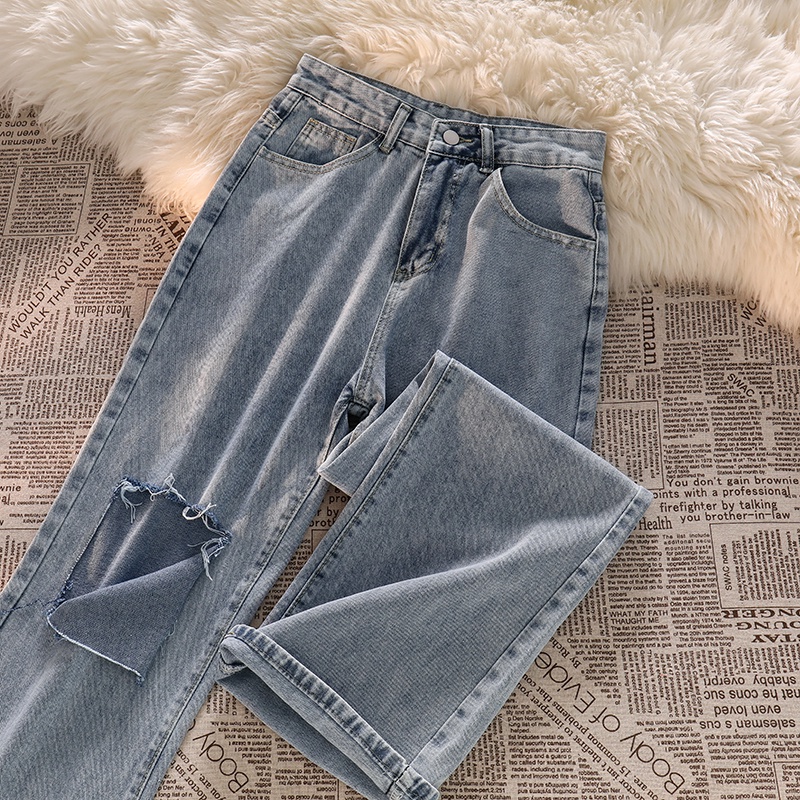 Warna Biru muda Highwaist Robek-Robek Loose Kasual Celana Jeans Panjang Wanita