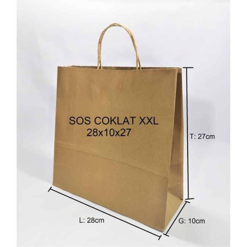 

10 PCS PAPER BAG XXL 28x10x27 cm TALI COKLAT POLOS/SHOPING BAG/KANTONG KERTAS 28x10x27 XXL COKLAT