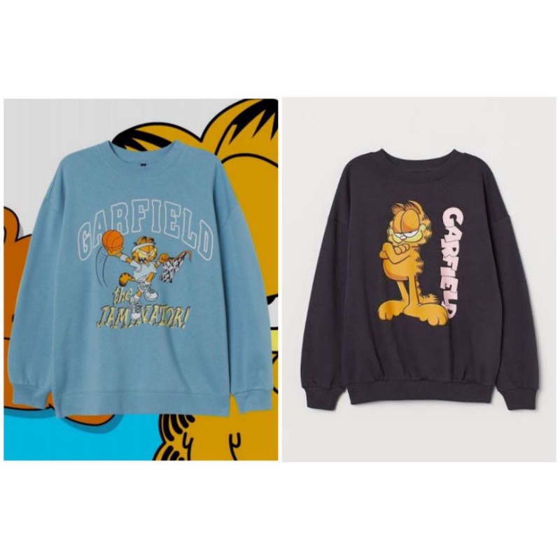 Crewneck Sweater Pria Wanita HnM H&amp;M Garfield Pigeon Blue Full Tag / Garfield Black Full Tag