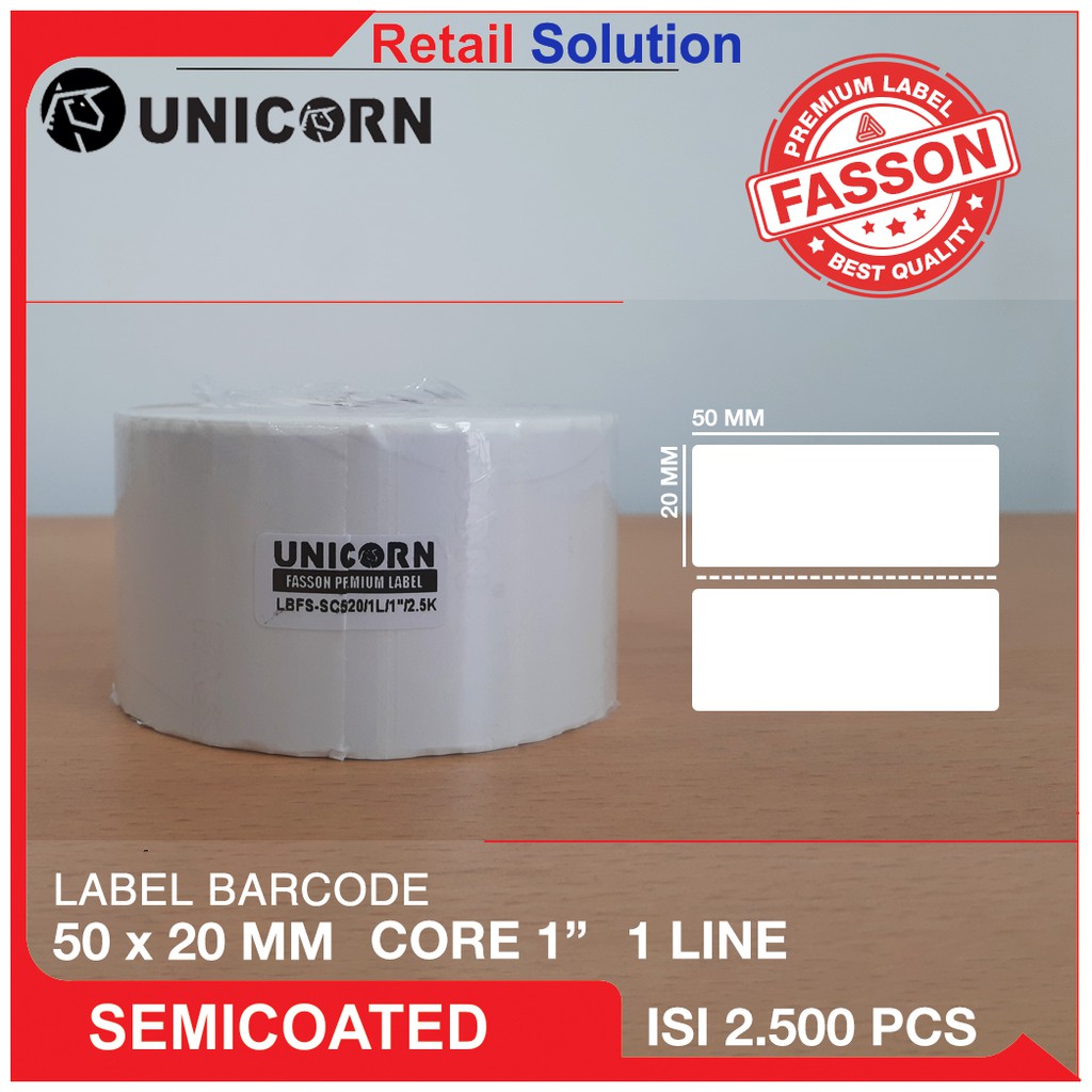 Unicorn Stiker Label Barcode Semicoat 50x20mm / 50x20 mm / 50 x 20 mm 1 LINE