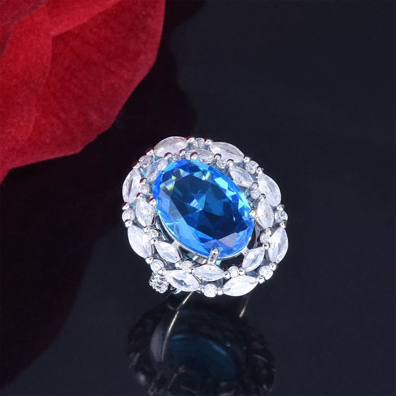 Cincin Batu Topaz Biru Swiss Aksen Berlian Untuk Wanita