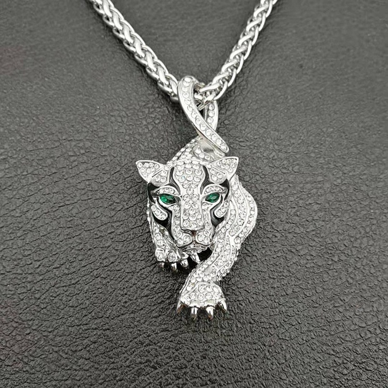 Mewah Pria 18K Emas Tergabung Austria berlian imitasi Emerald Tiger Pendant Necklace