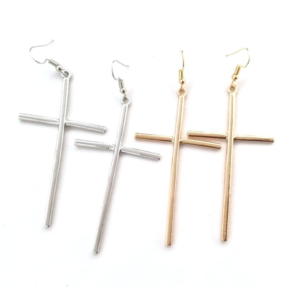 Timekey Anting Tusuk Gantung Bentuk Salib Bahan Stainless Steel Gaya Punk Rock Untuk Wanita A6K7