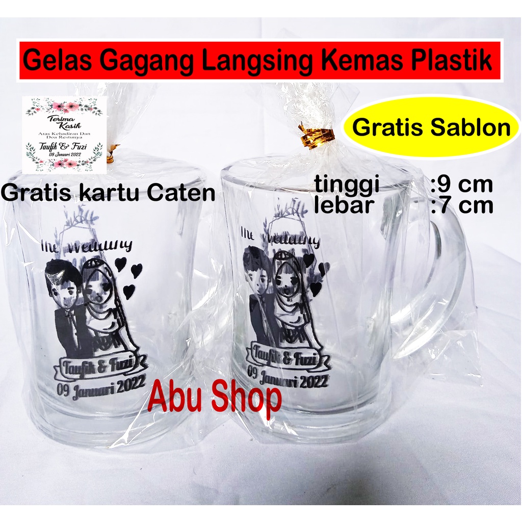 Souvenir gelas gagang langsing/gelas kopi bening sablon nama /custom kemasan plastik untuk pernikaha