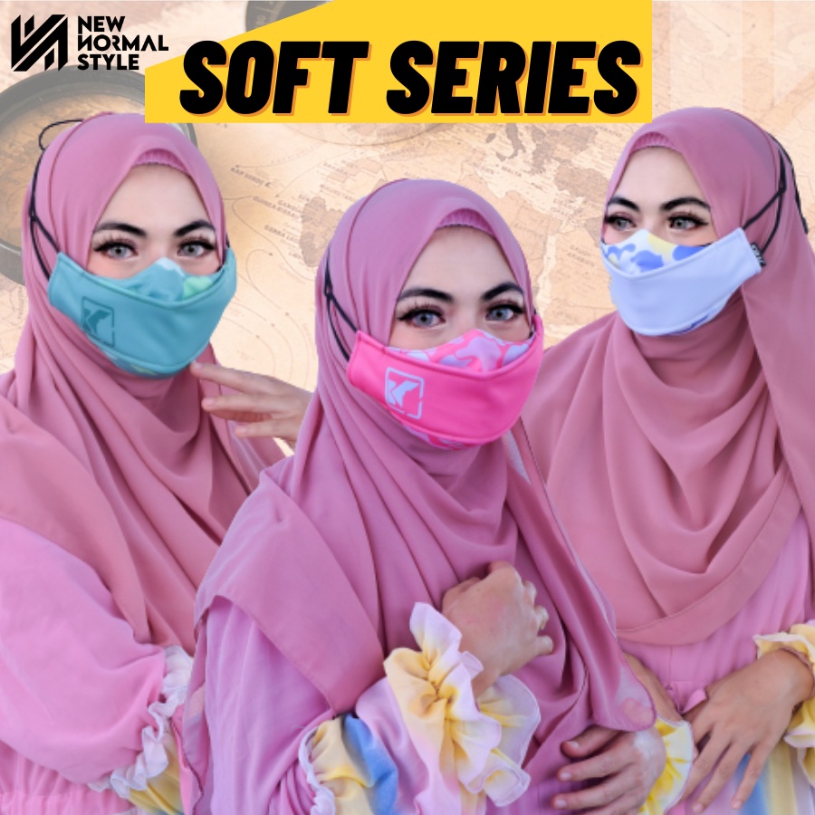 SOFT SERIES Masker Kain 3D 3 ply Lapis Hijab Korea Headloop Earloop Motif Non Medis Wanita Premium