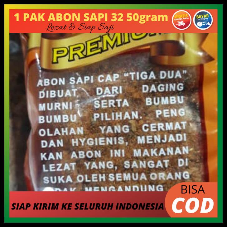 

DISKON TERBATAS !!! 20 PCS ABON SAPI [ TIGA DUA ] 32 PREMIUM ASLI DAGING SAPI 50 GRAM/PCS TERLARIS