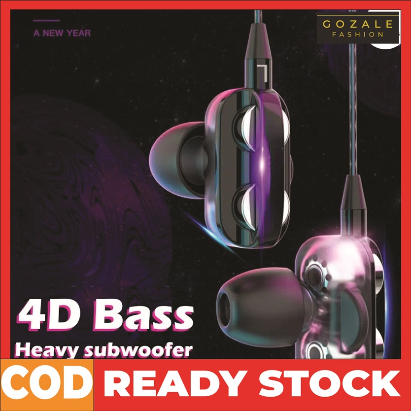 4D Super Bass Earphone In-Ear Stereo 4D Super Bass dengan Mic + Kabel Jack 3.5mm Type Sport