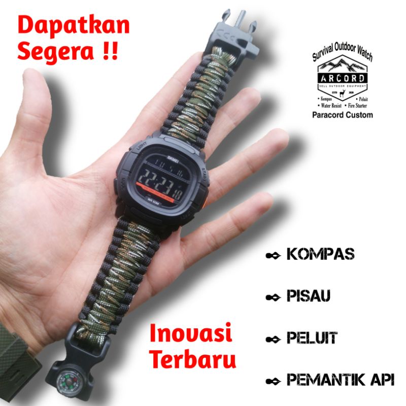 Jam Tangan Tactical custom paracord survival outdoor multifungsi Cobra knot Loreng Hitam ARCORD