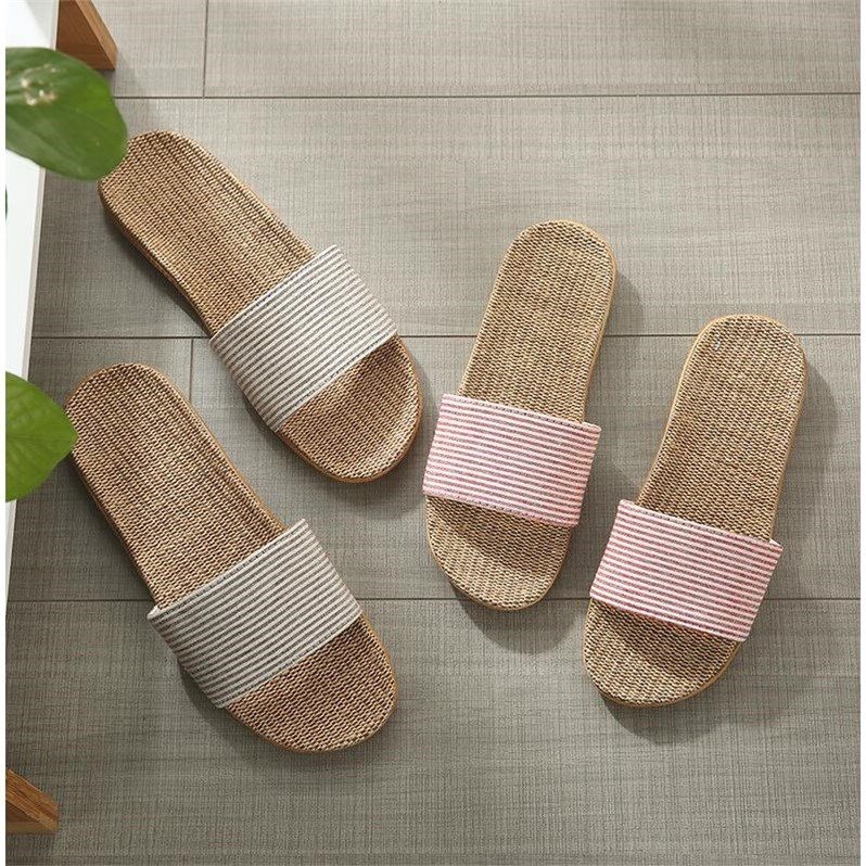  Sandal Selop Rumah  Motif Garis Bahan Linen Rotan Jerami 