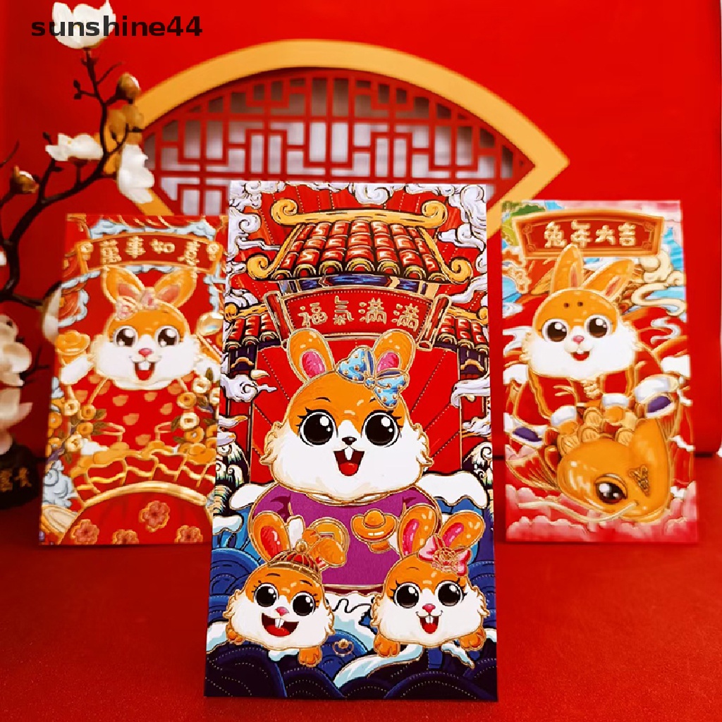 Sunshine 6Pcs 2023 Amplop Angpao Motif Kartun Kelinci Warna Merah Untuk Hadiah Anak / Pernikahan / Ulang Tahun