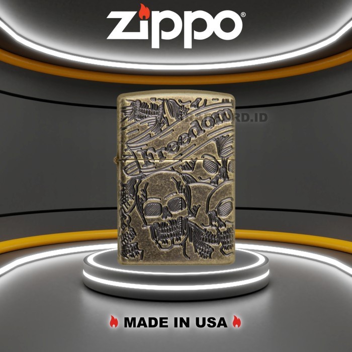 Korek Api Zippo Armor Freedom Skull Antique Brass 49035 Made In USA