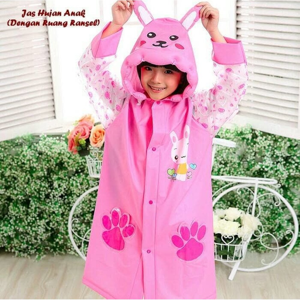 Jas Hujan Anak motif PINK RABBIT Dengan ruang ransel