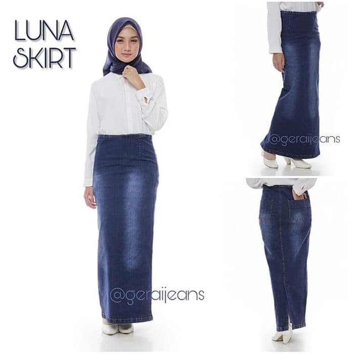 rok span jeans panjang belah belakang / rok jeans belah washed - -