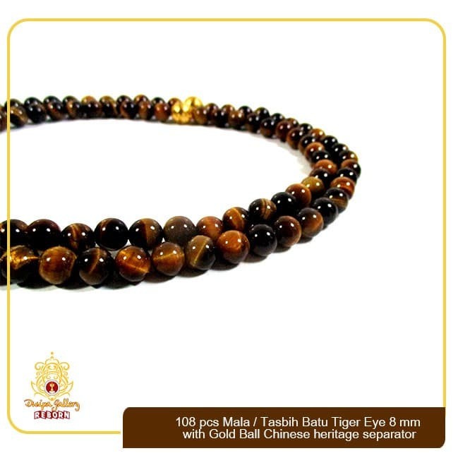 108 Pcs Mala/Tasbih Batu Tiger Eye 8mm with Gold Ball Chinese Heritage