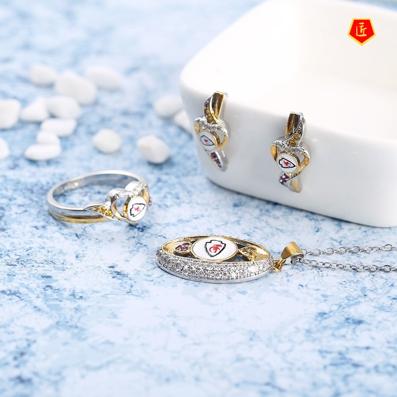 [Ready Stock]Rugby Champion Ring Heart-Shaped Ear Stud Pendant Necklace Set