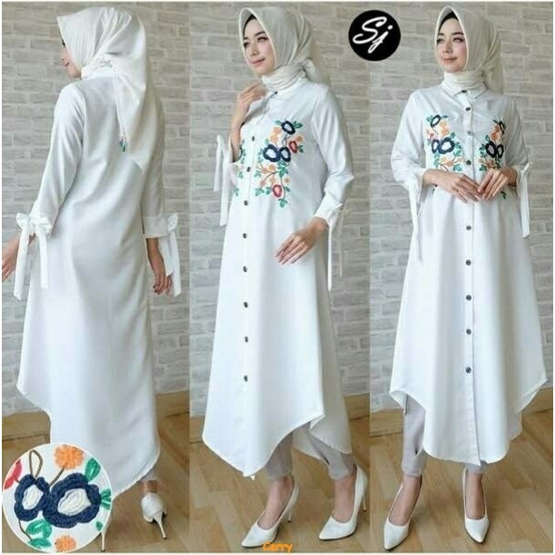 Jual Luna Long Tunik Bordir Tunik warna putih Tunik muslim trendy AL Murah