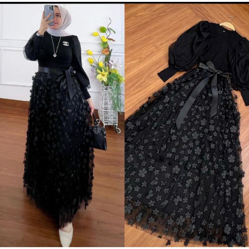 gamis plisket combi bunga-bunga