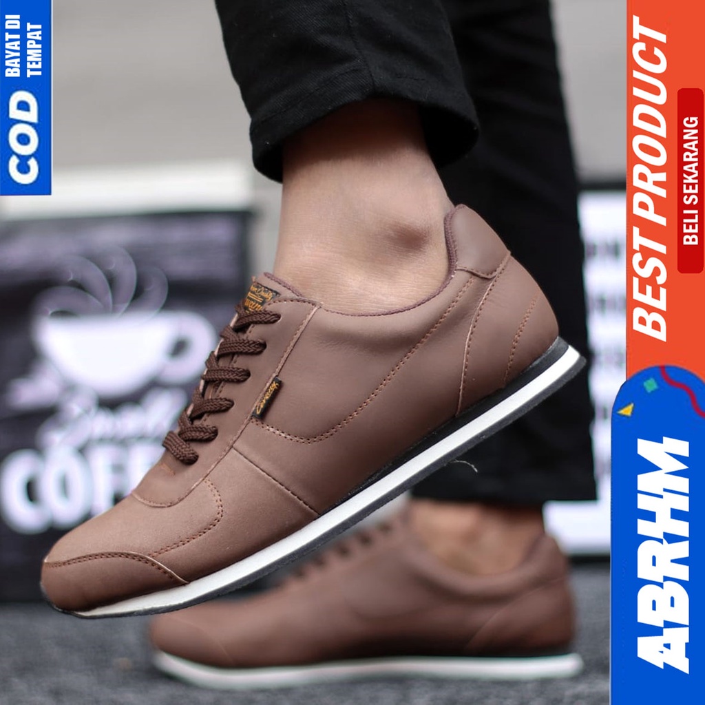 Sepatu Sneakers Kulit Asli Kerja Hitam Pria Santai ABRHM MORLEY