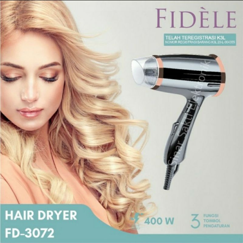 Fidele Hair Dryer Hairdryer 400 Watt 400WPengering Rambut Travel Lipat Low Watt