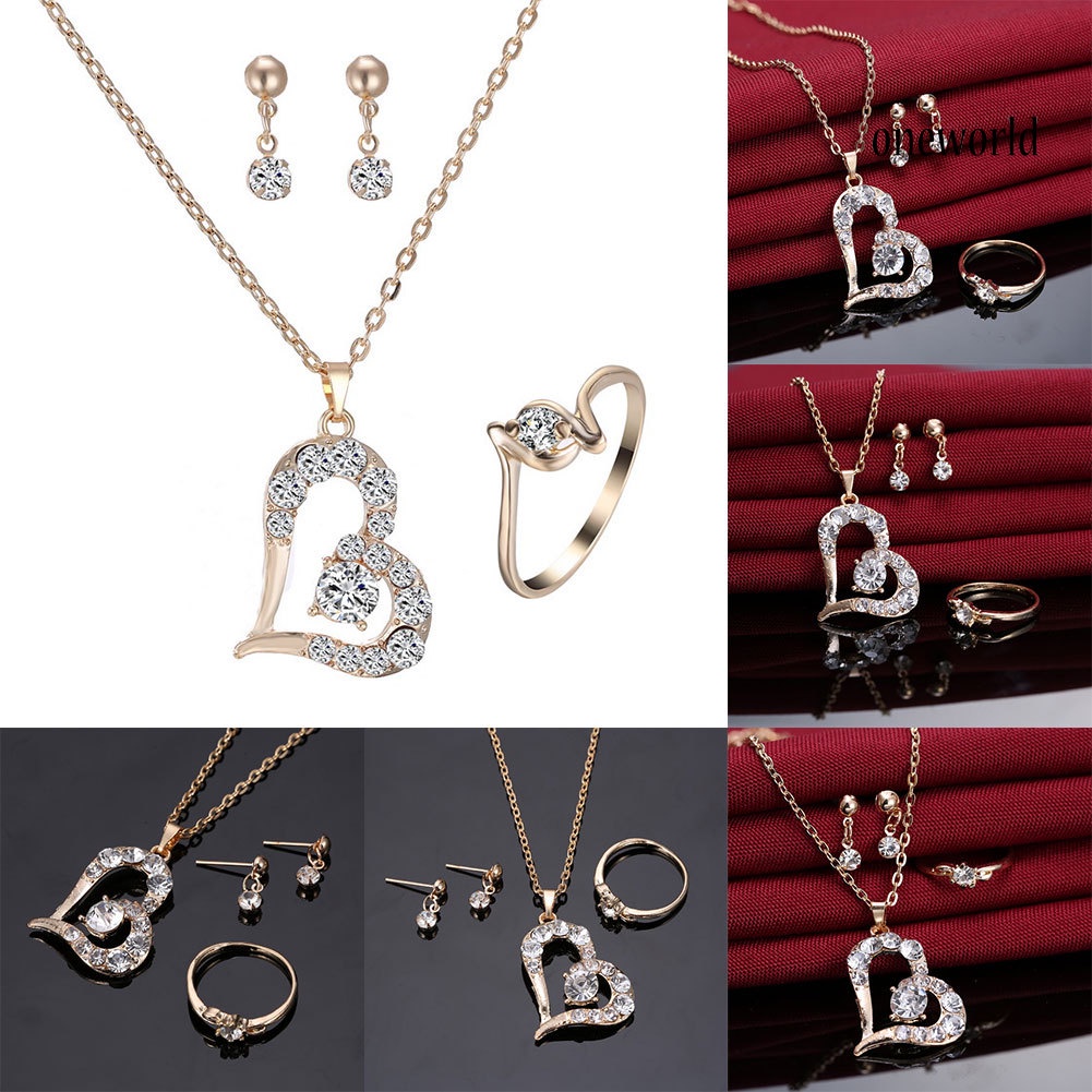 OW@ Luxury Love Heart Pendant Rhinestone Necklace Ring Earrings Women Jewelry Set