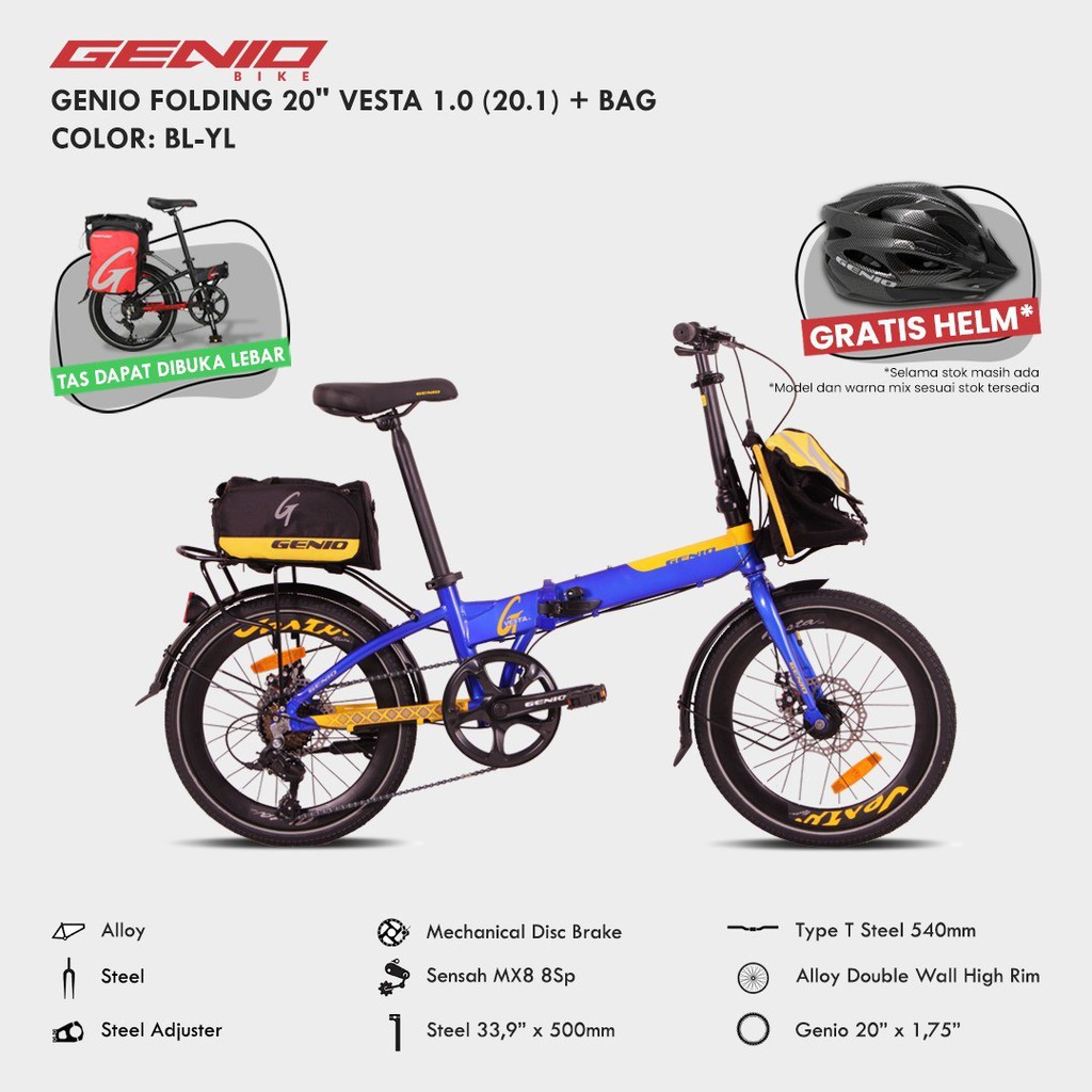 Sepeda Lipat 20" Genio Vesta. Bonus Tas dan Helm
