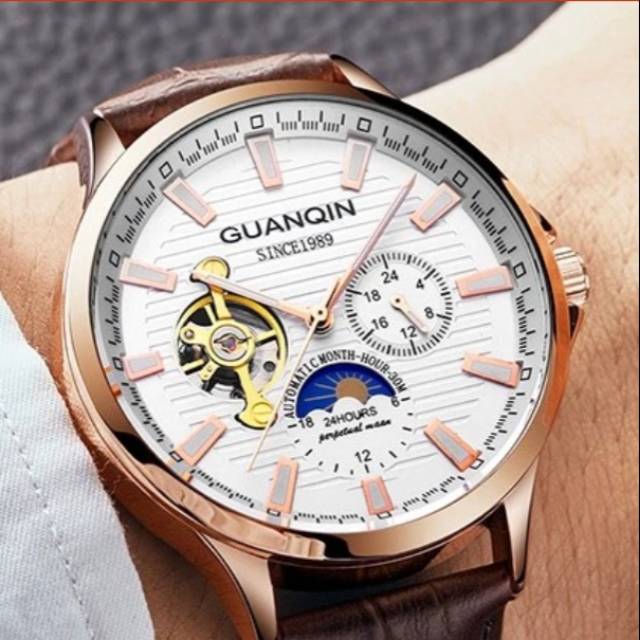 Jam tangan Guanqin Automatic Leather Rose Gold Open heart Moon Phase