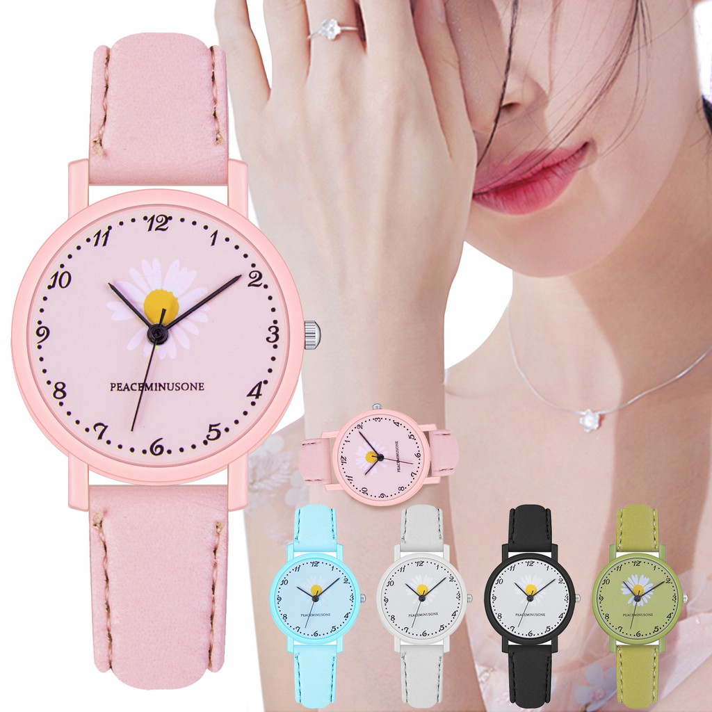 Jam Tangan Wanita Harajuku Strap PU Bunga Daisy Aksesoris Fashion Lucu Casual Import