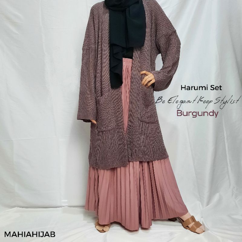 Harumi one set Long Cardi Rajut + Rok Plisket KOREAN STYLE paket hemat OOTD HIJAB, SETELAN LENGKAP