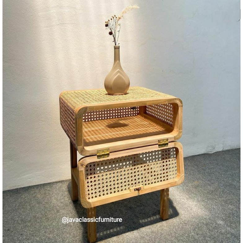 NAKAS RETRO MINIMALIS FULL ROTAN BESIDE TABLE SAMPING BED KAMAR TEMPAT TIDUR VINTAGE MURAH BAHAN KAYU JATI JEPARA-2