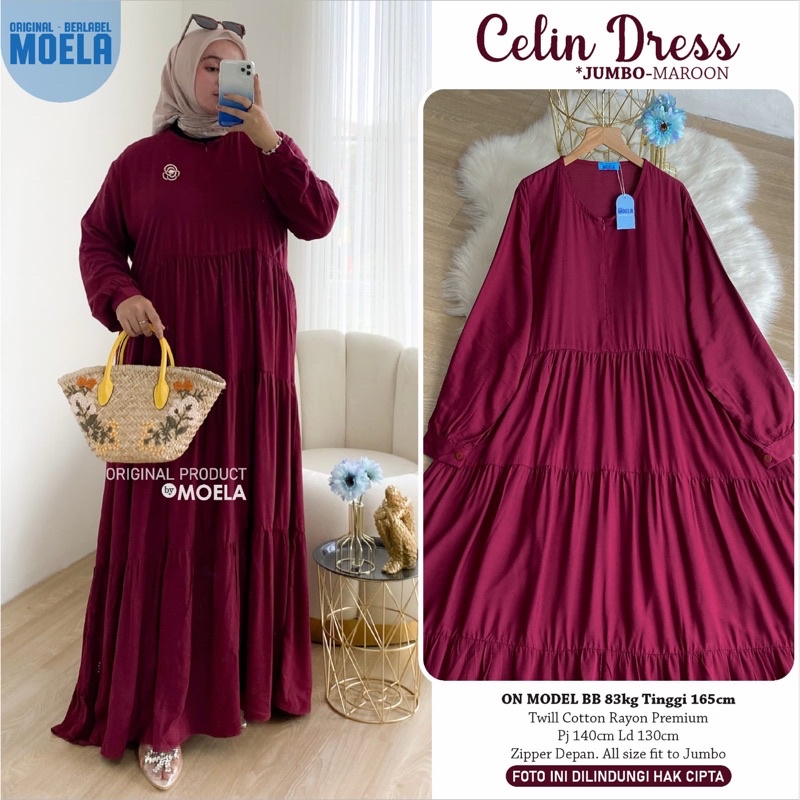 Gamis dress rayon polos Amora/Anse/Celin/Baisa/Biumi/Molin/Ciaji/Jihas/Flate/Tosti/Milly/Tisa/Siuti/Chesa/Fimel/Yapi/Lilci/Balo/Polse/Rensi/Silom/Neta/Rome by Moela berlabel-Celin maroon