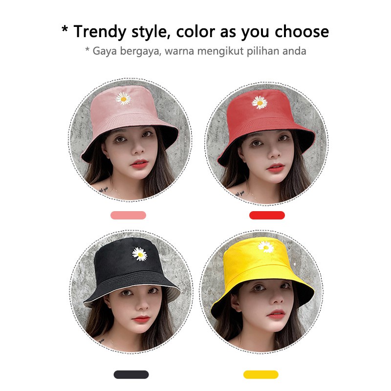 Topi Bucket Nelayan Motif Bordir Bunga Daisy Dua Sisi Warna Macaron Untuk Unisex