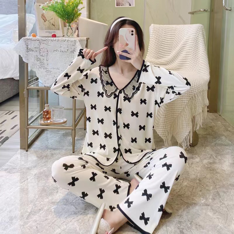 baru houndstooth piyama/baju lengan panjang + celana setelan homewear
