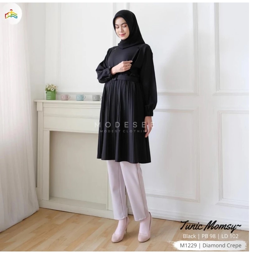 Tunik Momsy hitam putih atasan blus wanita busui plisket