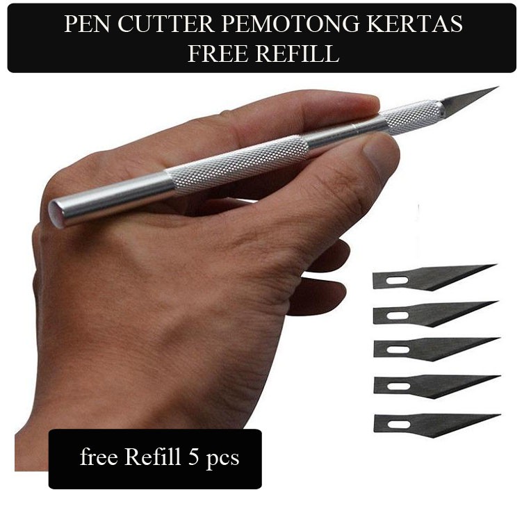 Pen Cutter - Pen Type Cutter - Alat Potong Bahan Kain Kertas Sticker - Free Refill 5 pcs