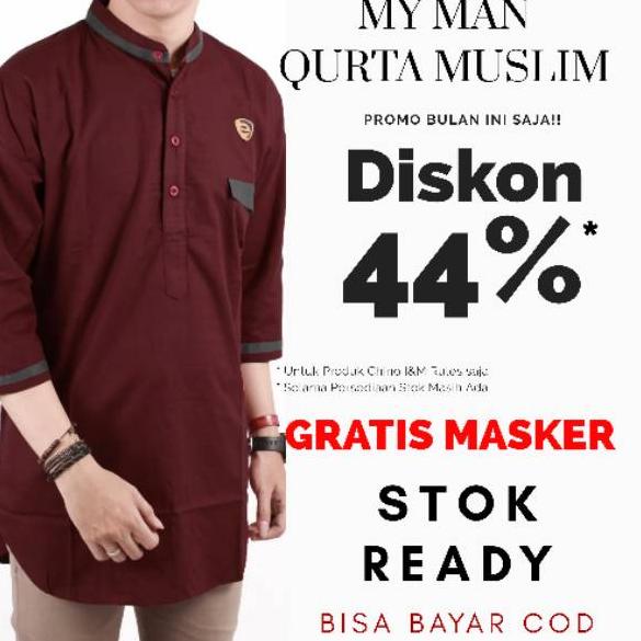 MY.14My22ᶻ– Kurta lengan tiga perempat pria baju muslim pria MY MAN warna maroon with grey handband 