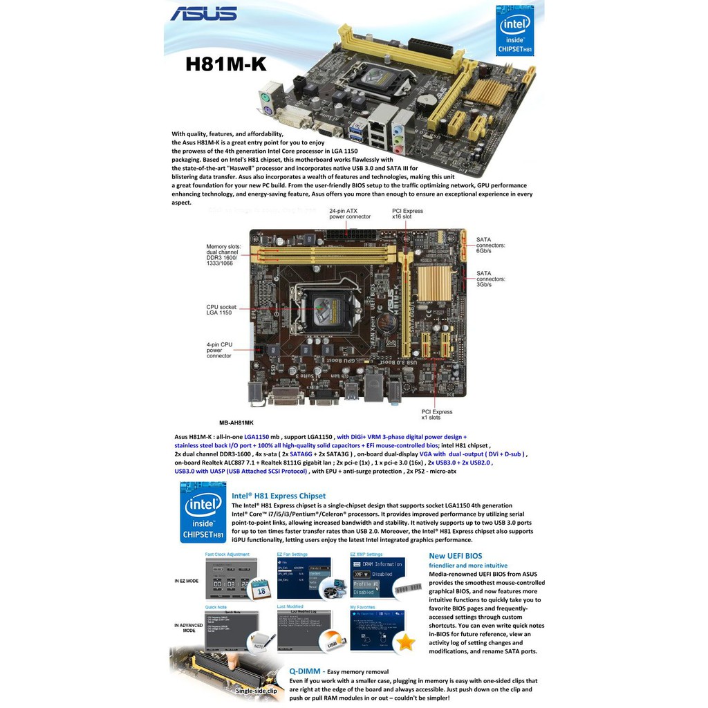 MAINBOARD ASUS H81M-K (L1150/DDR3/VGA/HDMI/SOUND/LAN) MOTHERBOARD