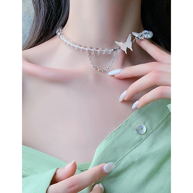 LRC Kalung Wanita Fashion White Butterfly Transparent Crystal Titanium Steel Necklace K41932