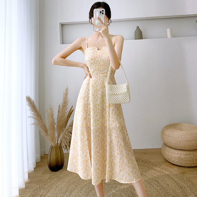 #Sisjuly# Wanita Perancis Temperamen Slim Chiffon Suspender Gaun Wanita Musim Panas Manis Temperamen
