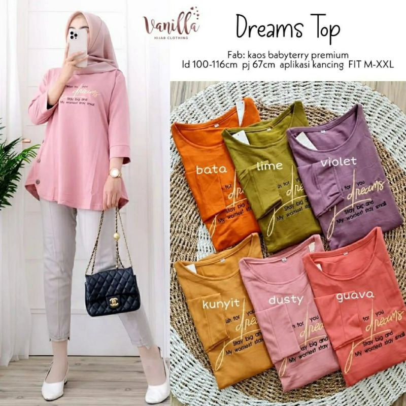 Dreams Top, KAOS WANITA CANTIK MODIS MURAH FIT XXL LD 100-116 BAHAN KAOS BABYTERRY PREMIUM MIX BORDIR TERMURAH OOTD TERLARIS