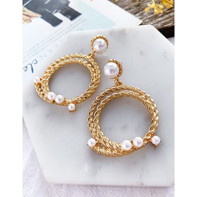 LRC Anting Fashion Fashion Gold Alloy Double Hemp Wreath Earrings F54116