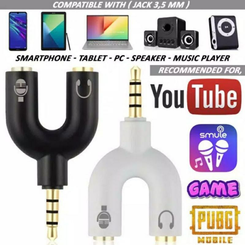 Spliter Audio Shape U 3.5mm ke Headphone &amp; Mic Jack AudioMale Ke Dual Female 2 in 1