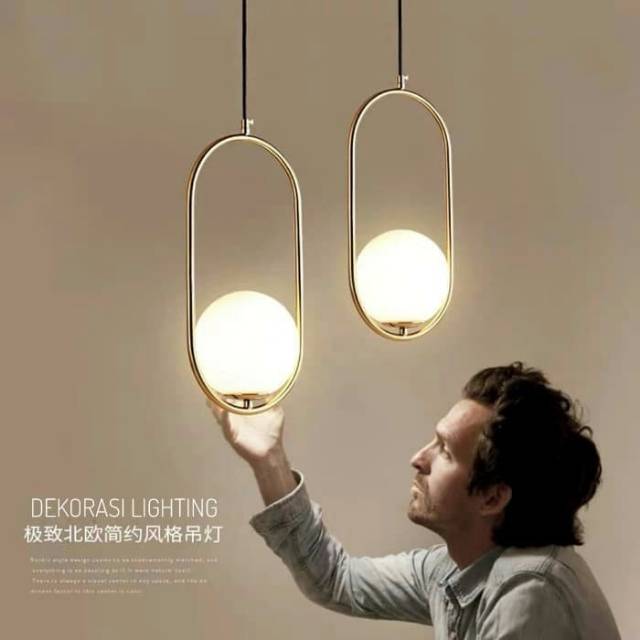 L472 Lampu gantung gold bola kaca susu modern minimalis bentuk oval