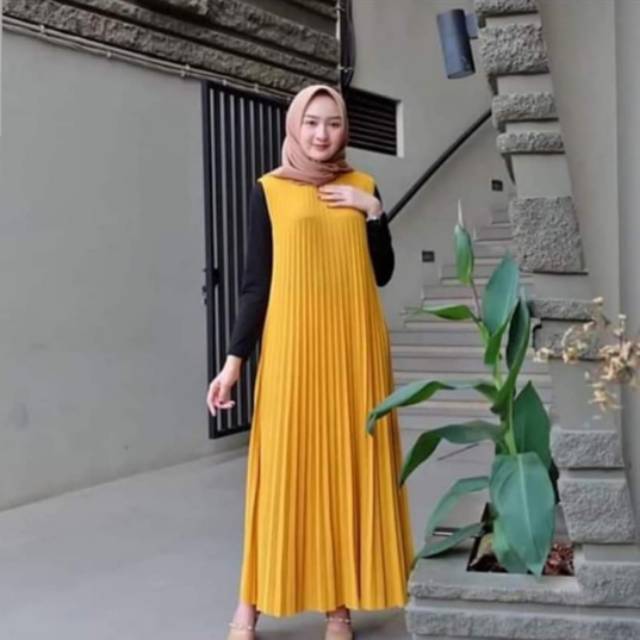 Long Dress Plisket Dewasa / Full Plisket Depan Belakang